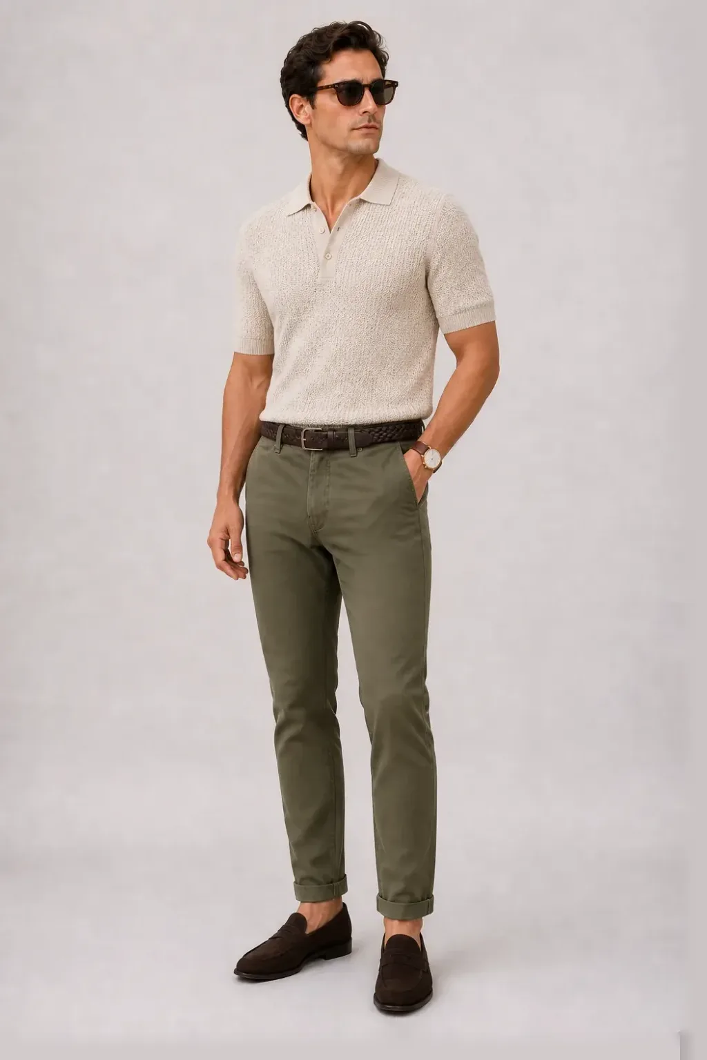 Strickpolo Beige, dazu Chino Oliv und Penny Loafer Wildleder