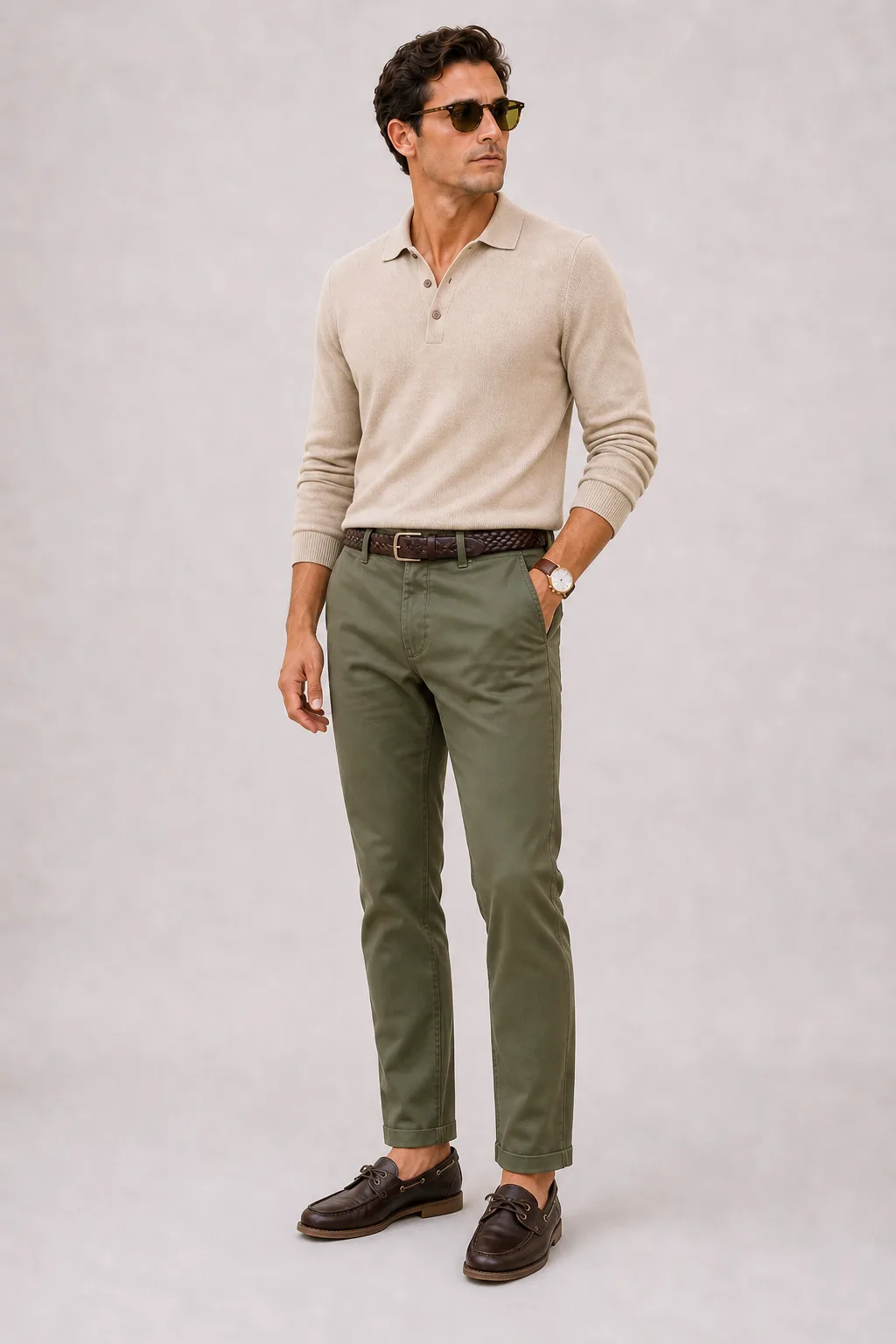 Strickpolo Beige, dazu Chino Oliv und Penny Loafer Wildleder