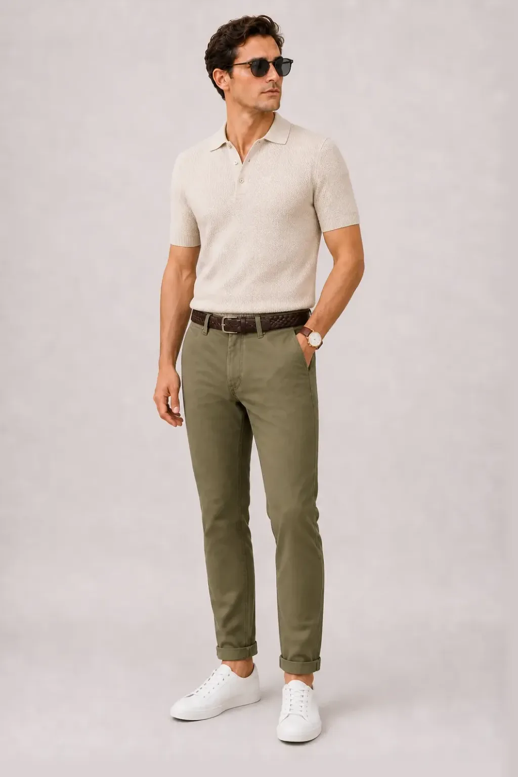 Strickpolo Beige, dazu Chino Oliv und Penny Loafer Wildleder