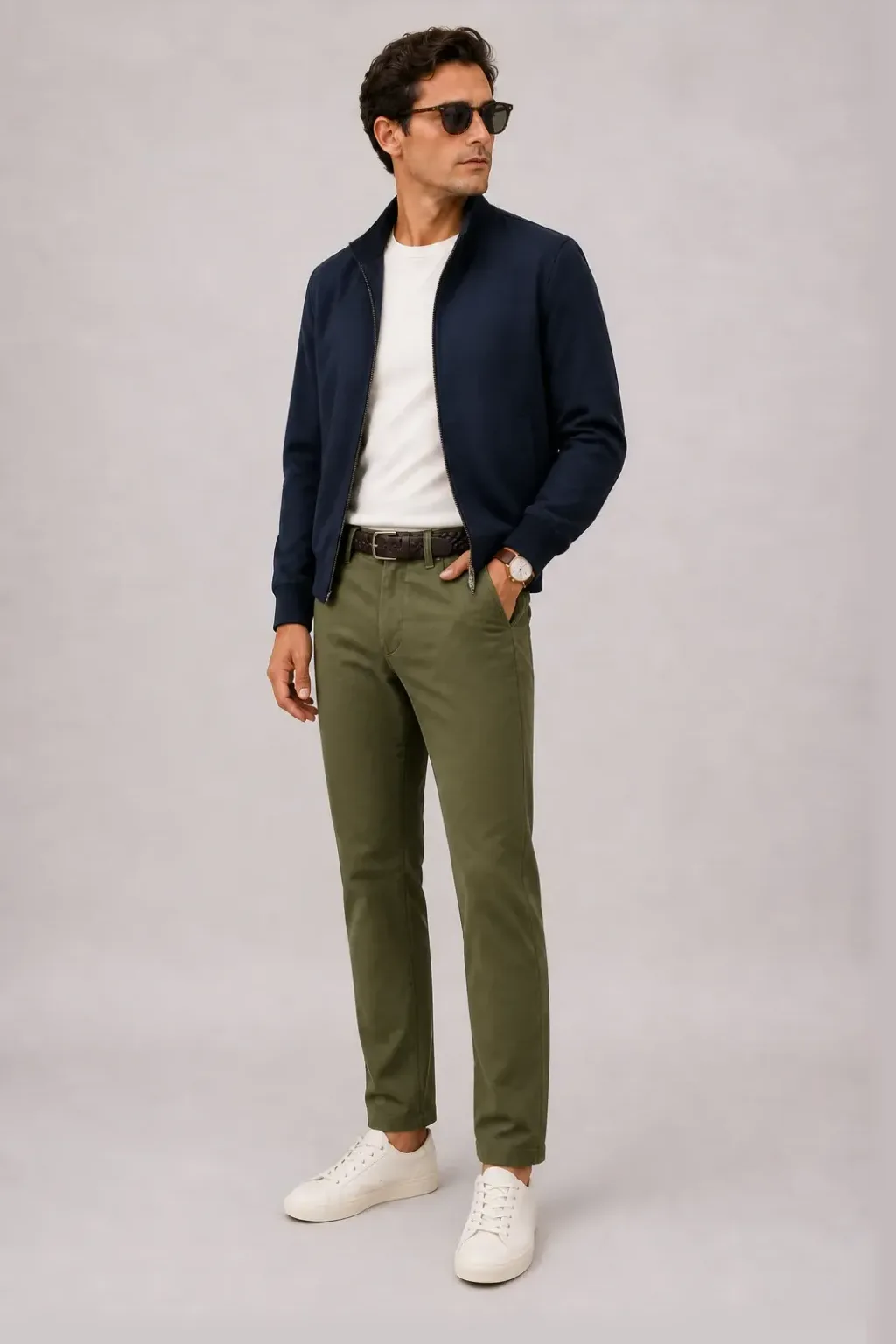 Harrington Blouson Navy über T-Shirt, dazu Chino Oliv und Canvas Sneaker