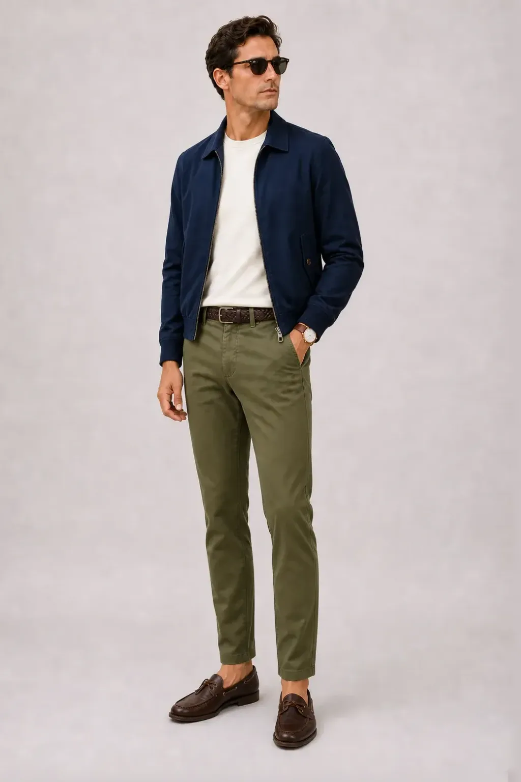 Harrington Blouson Navy über T-Shirt, dazu Chino Oliv und Canvas Sneaker