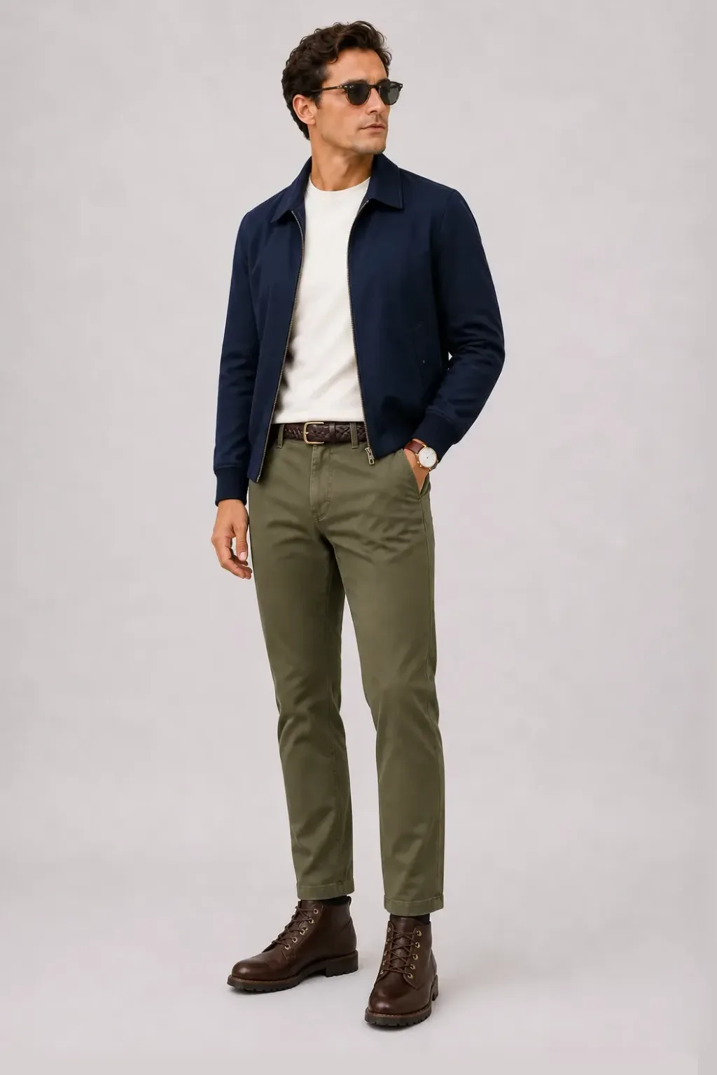 Harrington Blouson Navy über T-Shirt, dazu Chino Oliv und Canvas Sneaker
