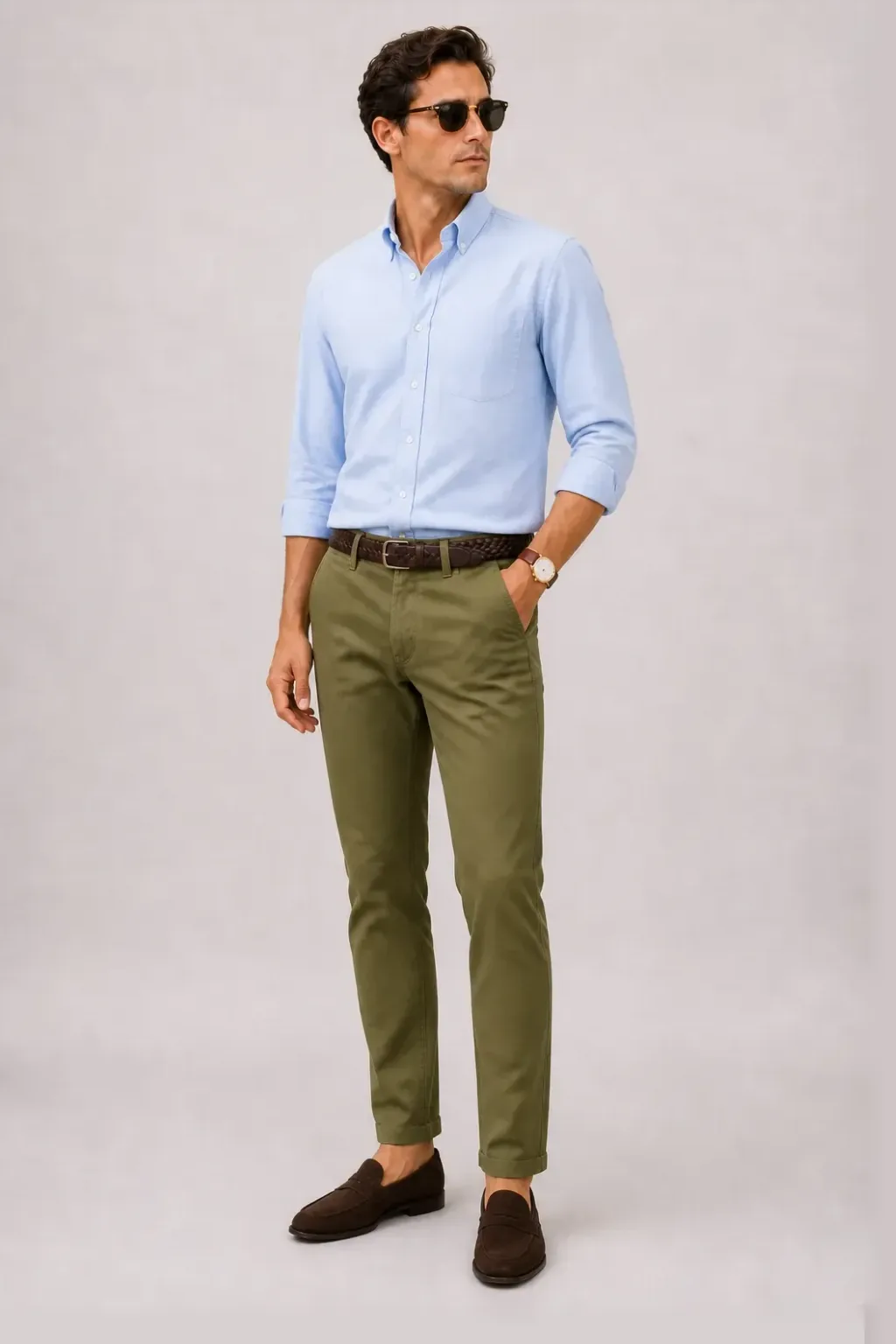 Button-Down-Hemd Hellblau, dazu Chino Oliv und Penny Loafer Wildleder