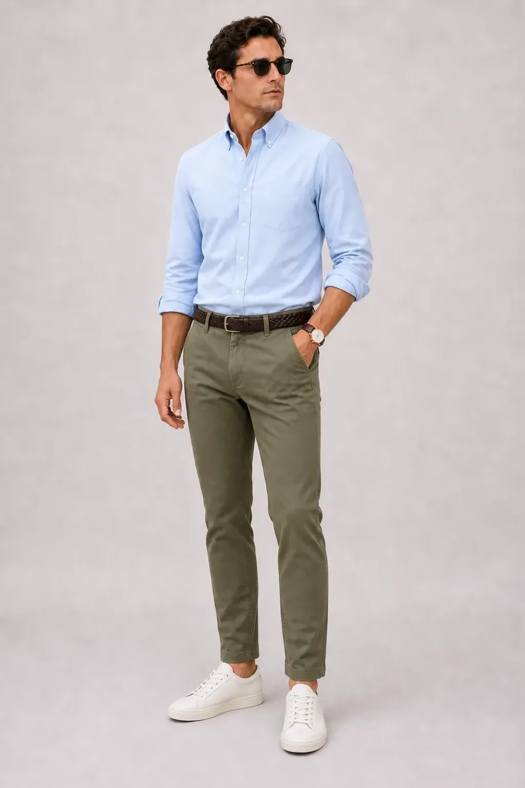 Button-Down-Hemd Hellblau, dazu Chino Oliv und Penny Loafer Wildleder