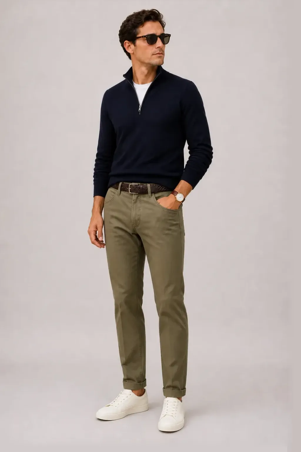 Half-Zip Pullover Feinstrick Navy über T-Shirt, dazu Chino Oliv und Sneaker