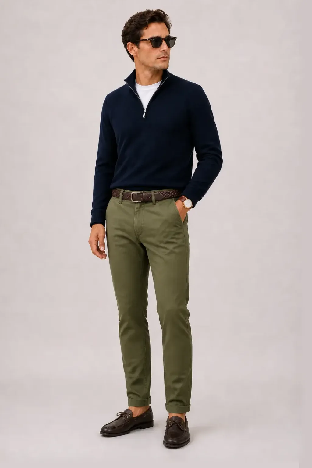 Half-Zip Pullover Feinstrick Navy über T-Shirt, dazu Chino Oliv und Sneaker