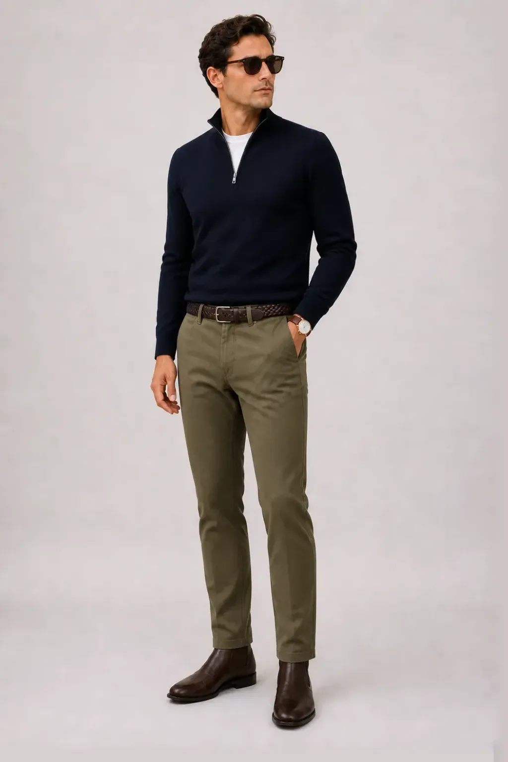 Half-Zip Pullover Feinstrick Navy über T-Shirt, dazu Chino Oliv und Sneaker — Chelsea Boot Dunkelbraun
