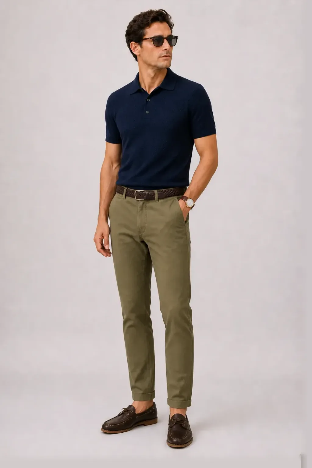 Strickpolo Navy, dazu Chino Oliv und Bootsschuh