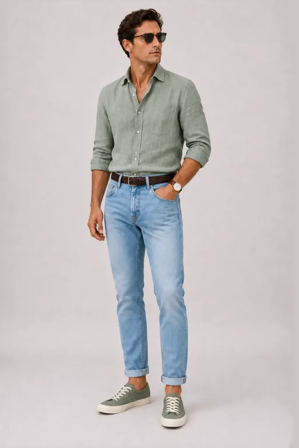 Leinenhemd Salbei, dazu Jeans Hellblau und Canvas Sneaker
