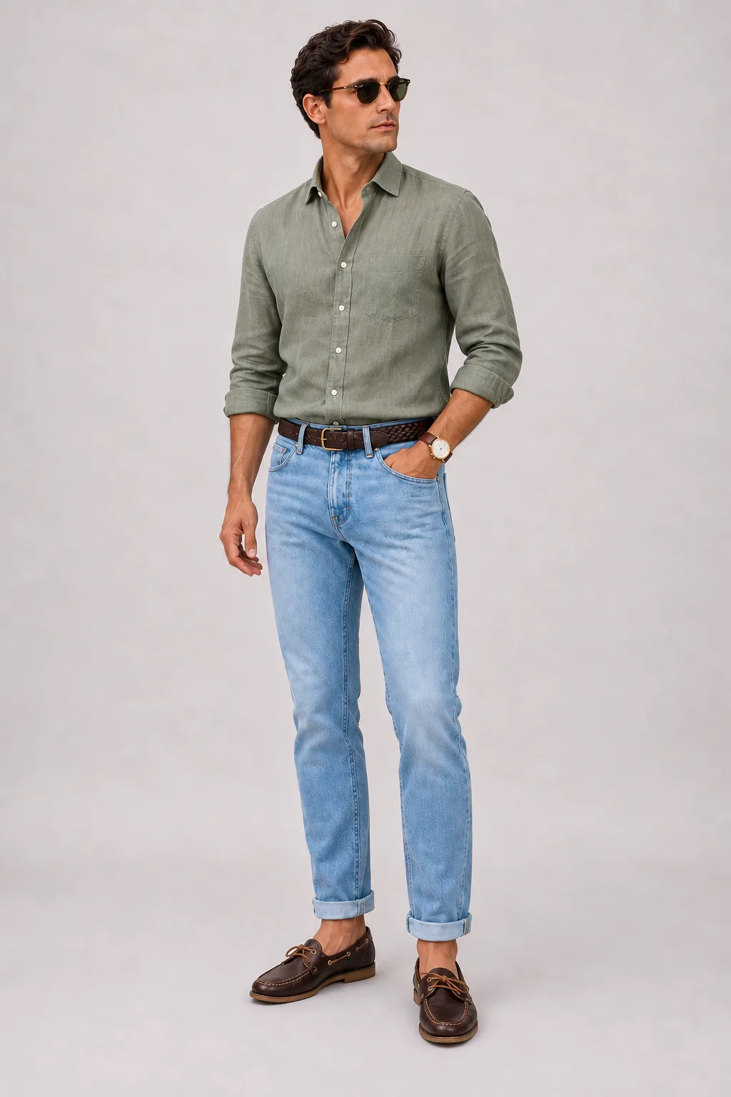 Leinenhemd Salbei, dazu Jeans Hellblau und Canvas Sneaker — Bootsschuh Dunkelbraun