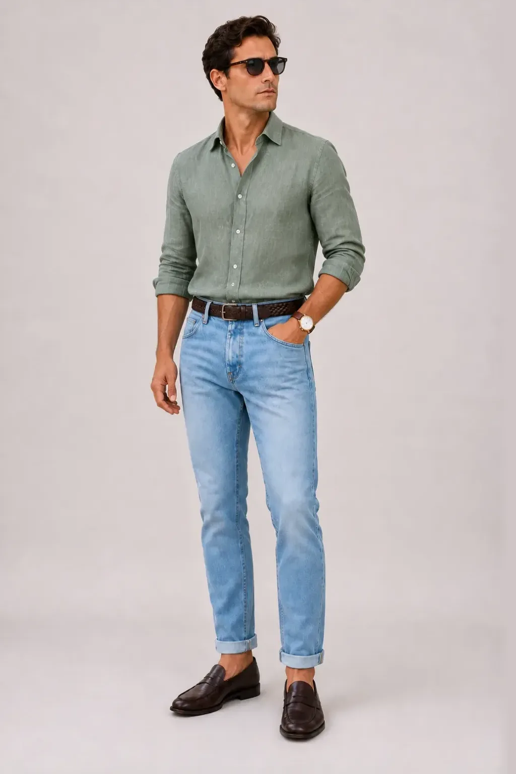 Leinenhemd Salbei, dazu Jeans Hellblau und Canvas Sneaker