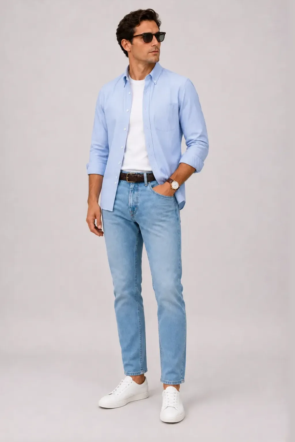 Button-Down-Hemd Hellblau über T-Shirt, dazu Jeans Hellblau und Sneaker