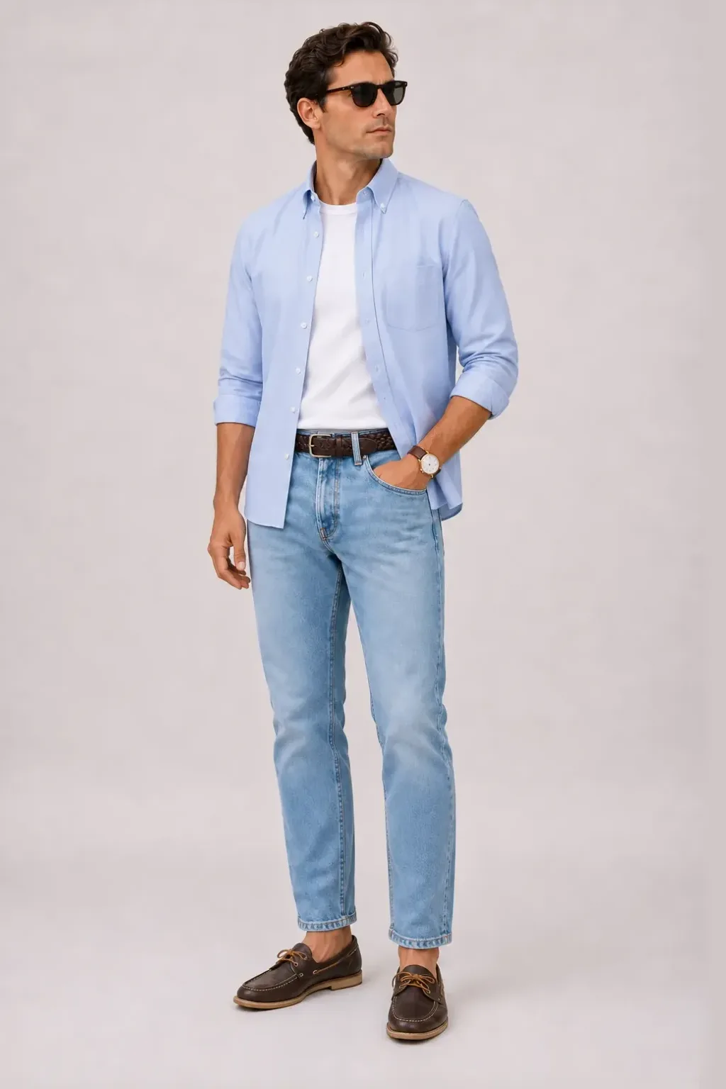 Button-Down-Hemd Hellblau über T-Shirt, dazu Jeans Hellblau und Sneaker