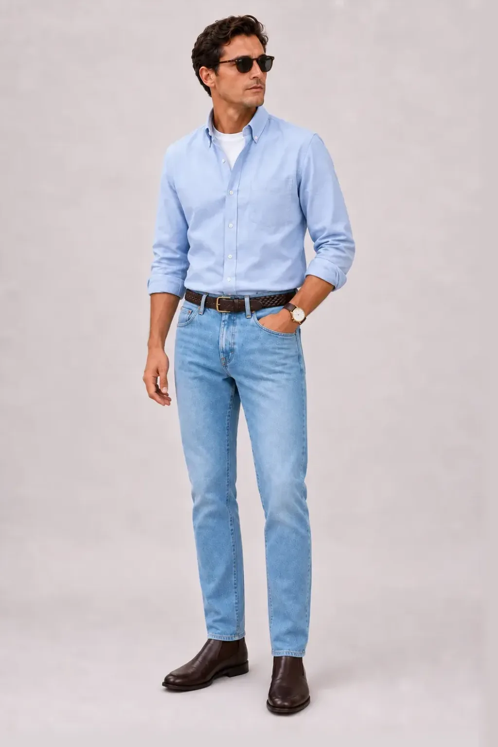 Button-Down-Hemd Hellblau über T-Shirt, dazu Jeans Hellblau und Sneaker