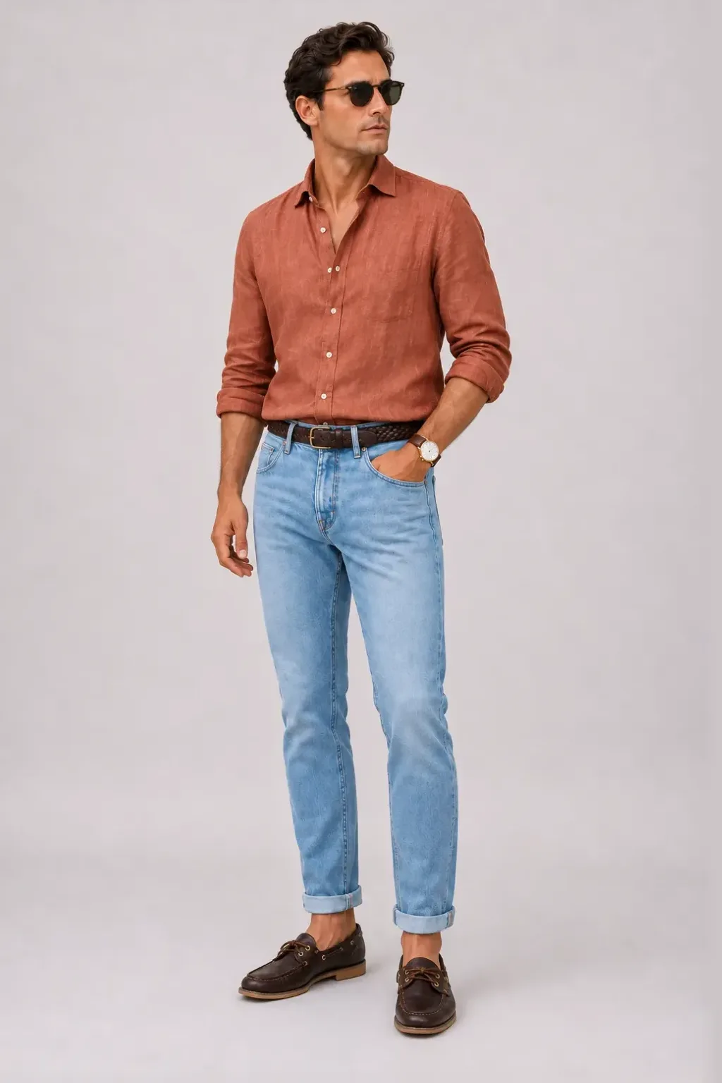 Leinenhemd Terrakotta, dazu Jeans Hellblau und Bootsschuh