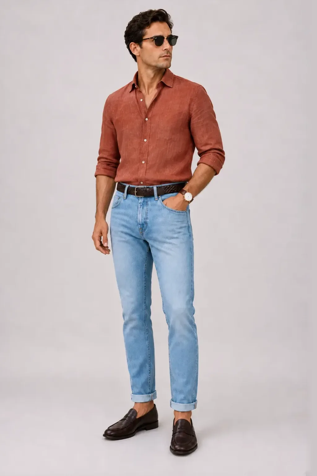 Leinenhemd Terrakotta, dazu Jeans Hellblau und Bootsschuh