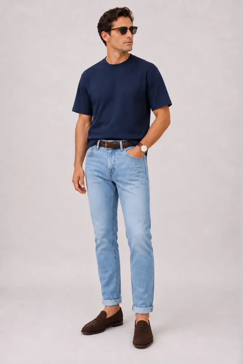 T-Shirt Navy, dazu Jeans Hellblau und Sneaker