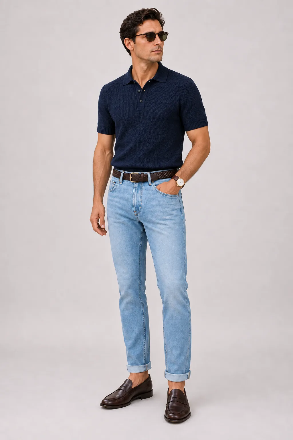 Strickpolo Navy, dazu Jeans Hellblau und Penny Loafer