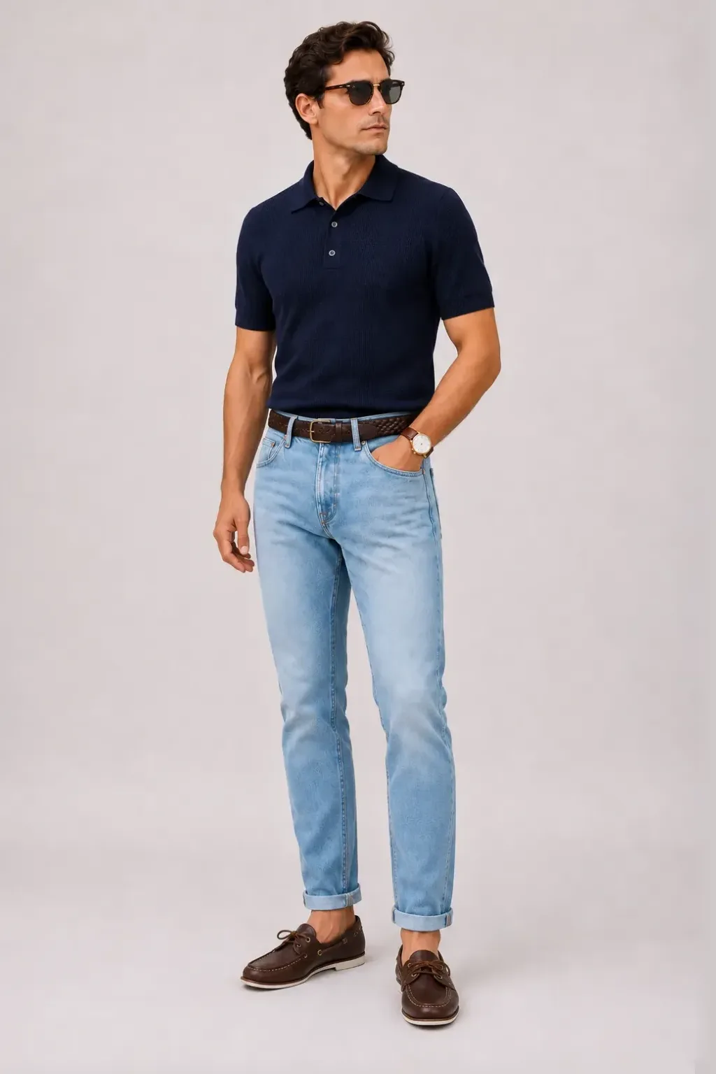 Strickpolo Navy, dazu Jeans Hellblau und Penny Loafer