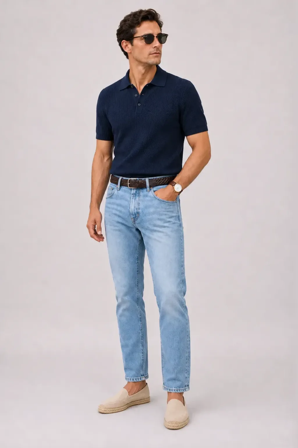 Strickpolo Navy, dazu Jeans Hellblau und Penny Loafer