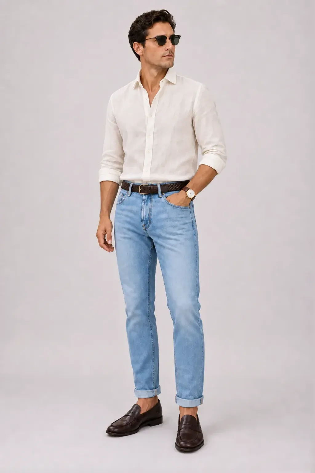 Leinenhemd Off-White, dazu Jeans Hellblau und Penny Loafer