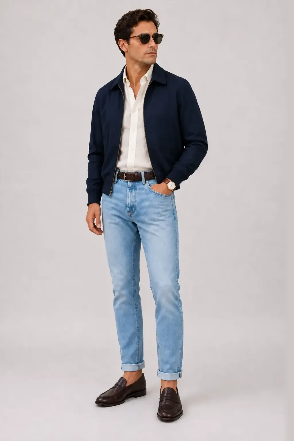 Harrington Blouson Navy über Leinenhemd, dazu Jeans Hellblau und Penny Loafer