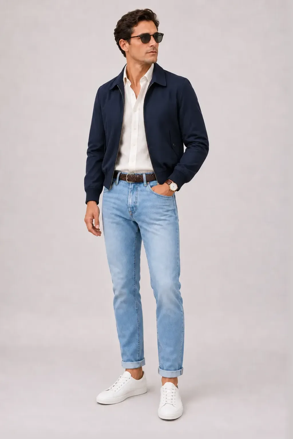 Harrington Blouson Navy über Leinenhemd, dazu Jeans Hellblau und Penny Loafer