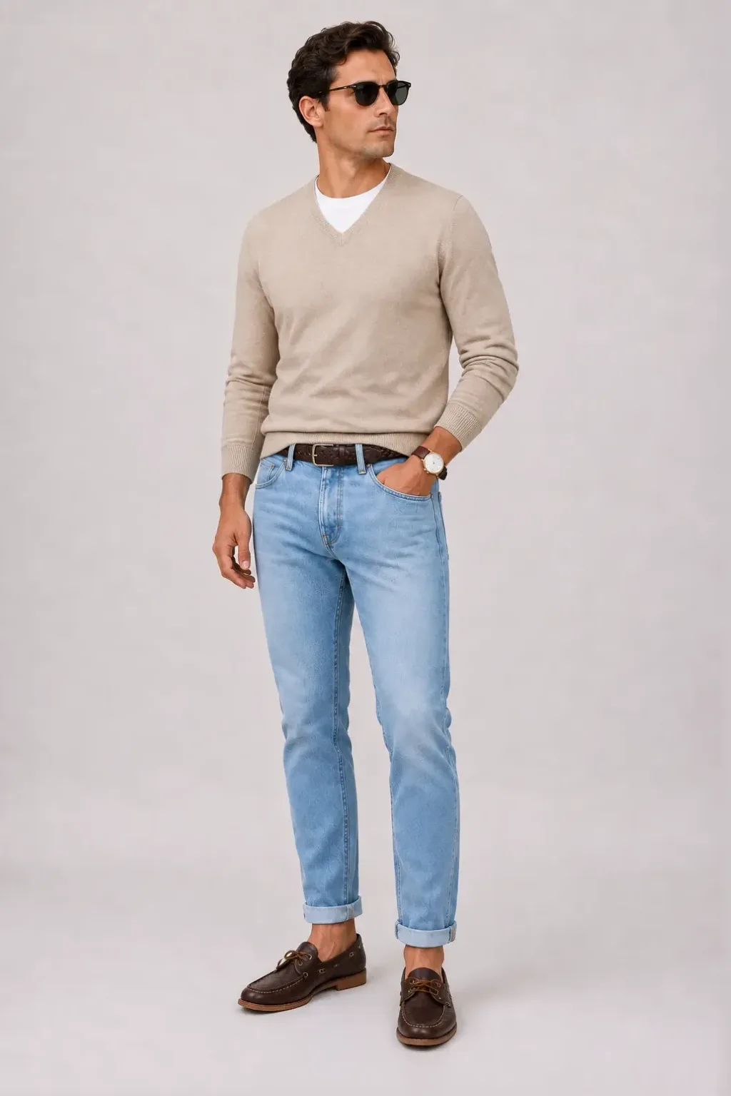 V-Neck-Pullover Feinstrick Beige über T-Shirt, dazu Jeans Hellblau und Bootsschuh
