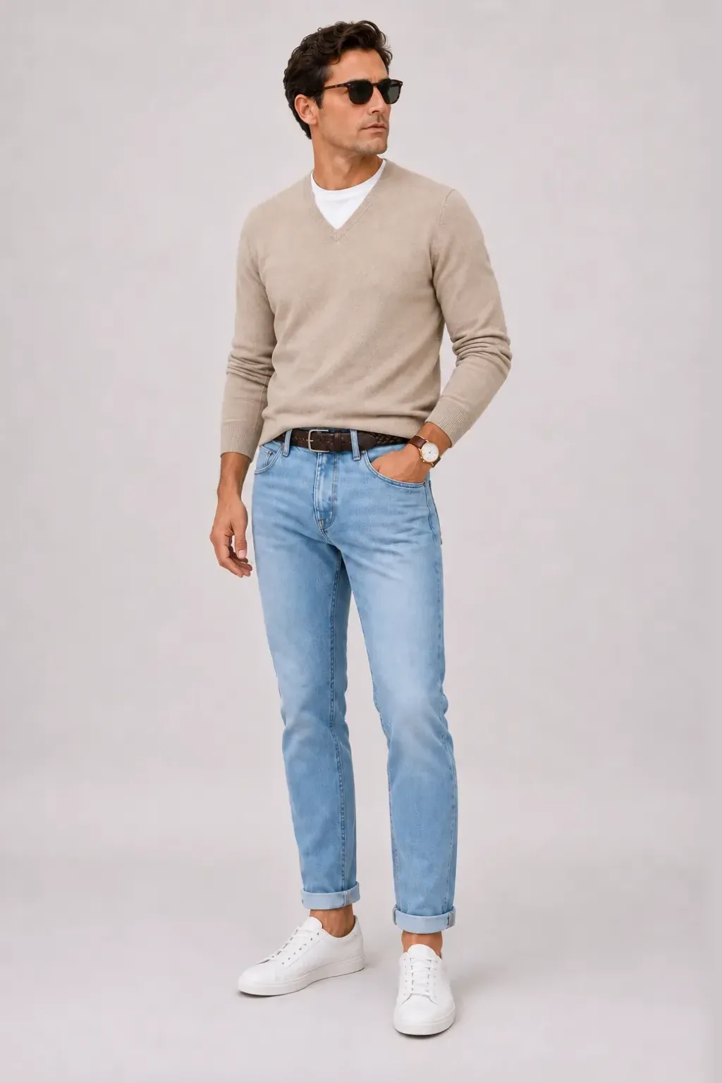 V-Neck-Pullover Feinstrick Beige über T-Shirt, dazu Jeans Hellblau und Bootsschuh
