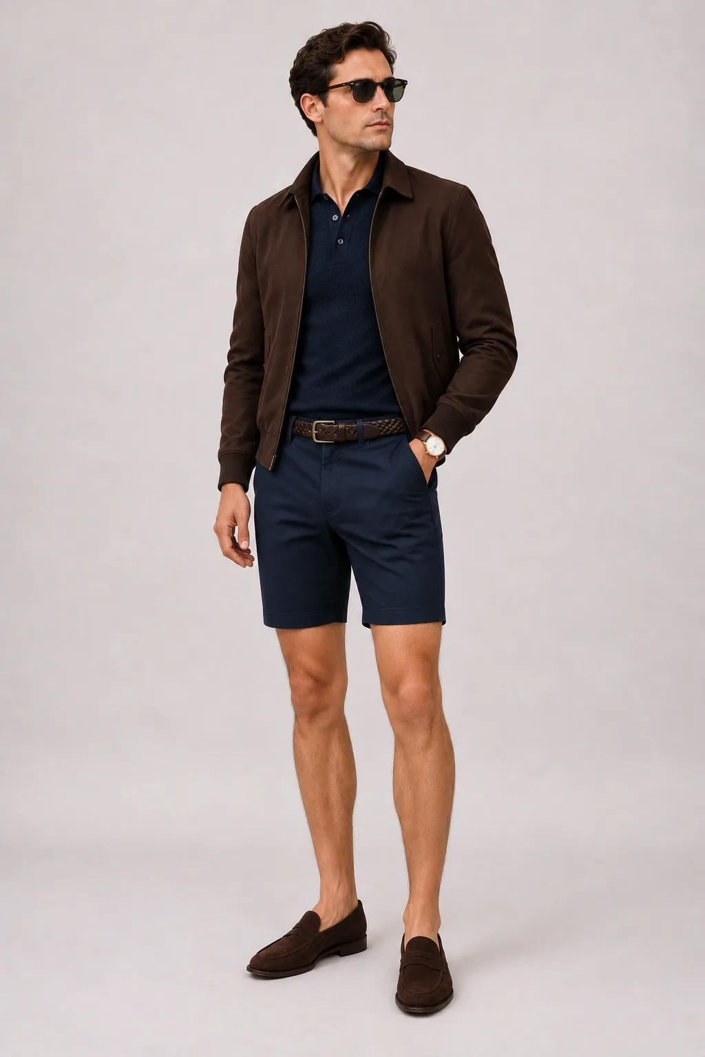 Harrington Blouson Dunkelbraun über Strickpolo, dazu Chino-Shorts Navy und Penny Loafer Wildleder