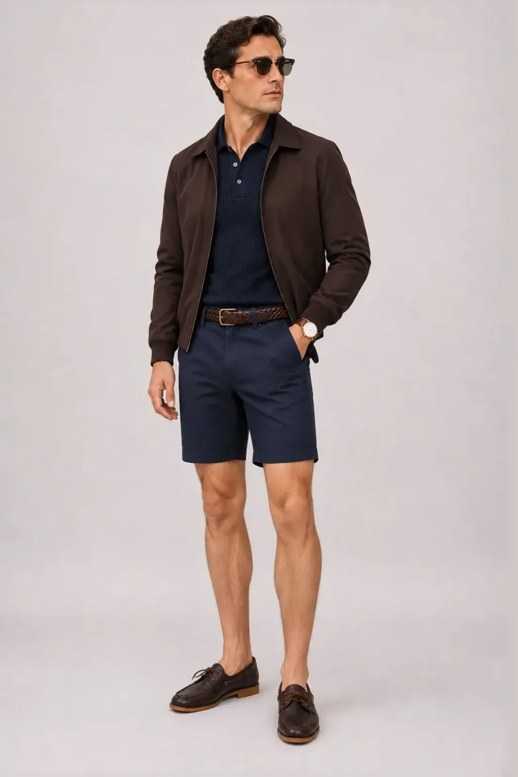 Harrington Blouson Dunkelbraun über Strickpolo, dazu Chino-Shorts Navy und Penny Loafer Wildleder — Bootsschuh Dunkelbraun