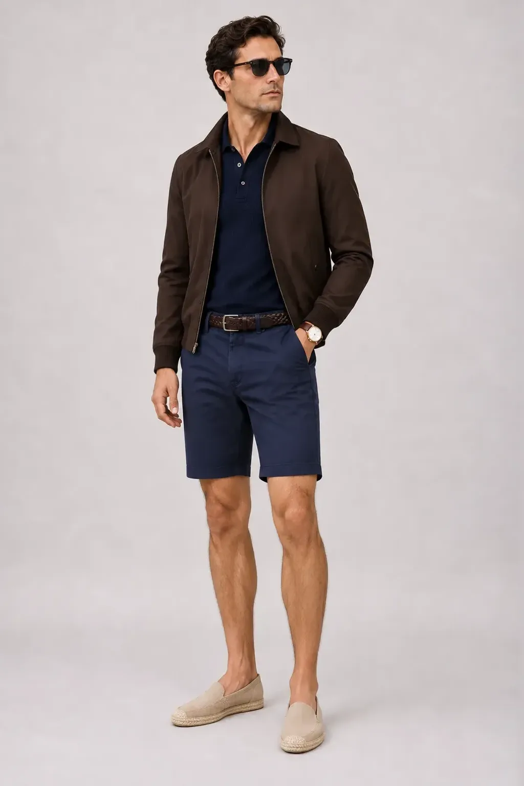 Harrington Blouson Dunkelbraun über Strickpolo, dazu Chino-Shorts Navy und Penny Loafer Wildleder — Espadrille Beige