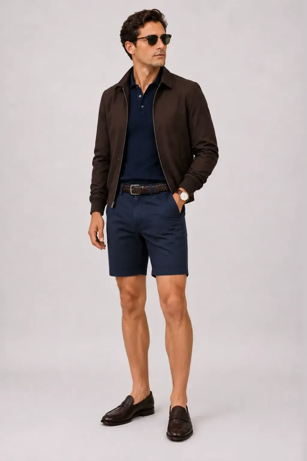 Harrington Blouson Dunkelbraun über Strickpolo, dazu Chino-Shorts Navy und Penny Loafer Wildleder — Penny Loafer Dunkelbraun