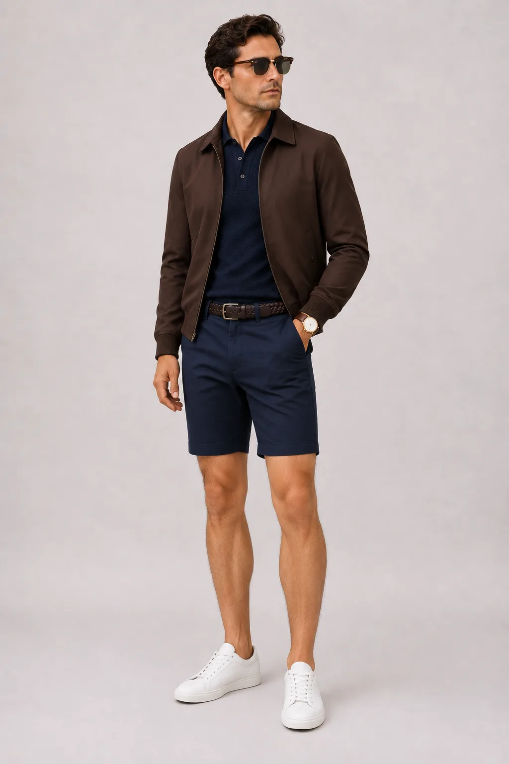 Harrington Blouson Dunkelbraun über Strickpolo, dazu Chino-Shorts Navy und Penny Loafer Wildleder — Sneaker Weiss