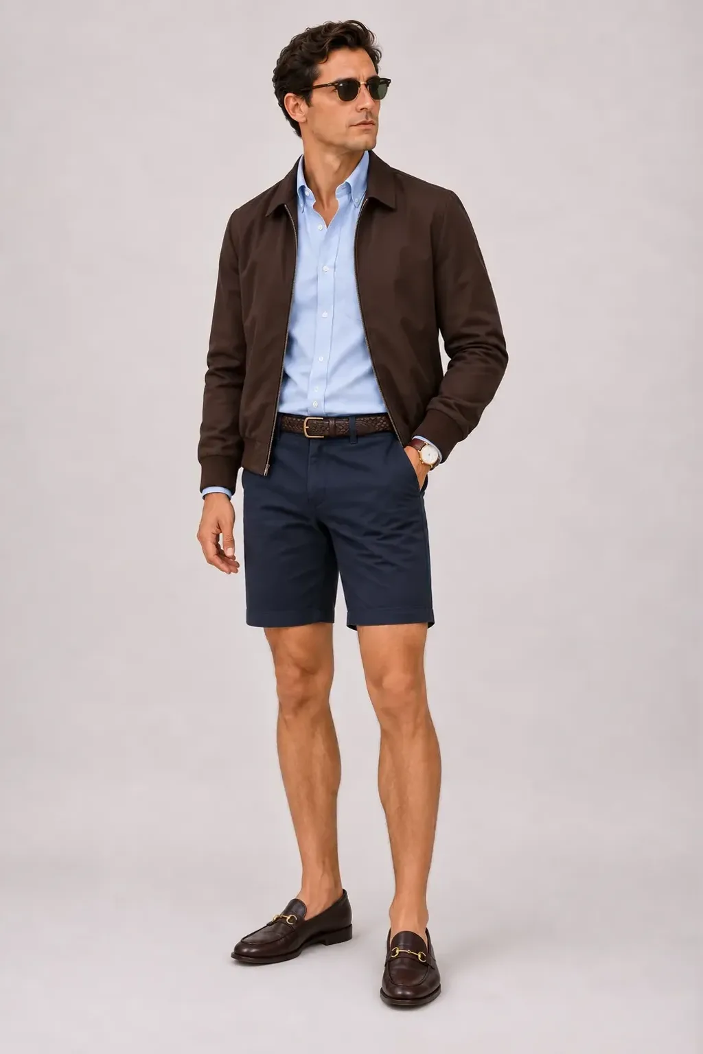 Harrington Blouson Dunkelbraun über Button-Down-Hemd, dazu Chino-Shorts Navy und Horsebit Loafer