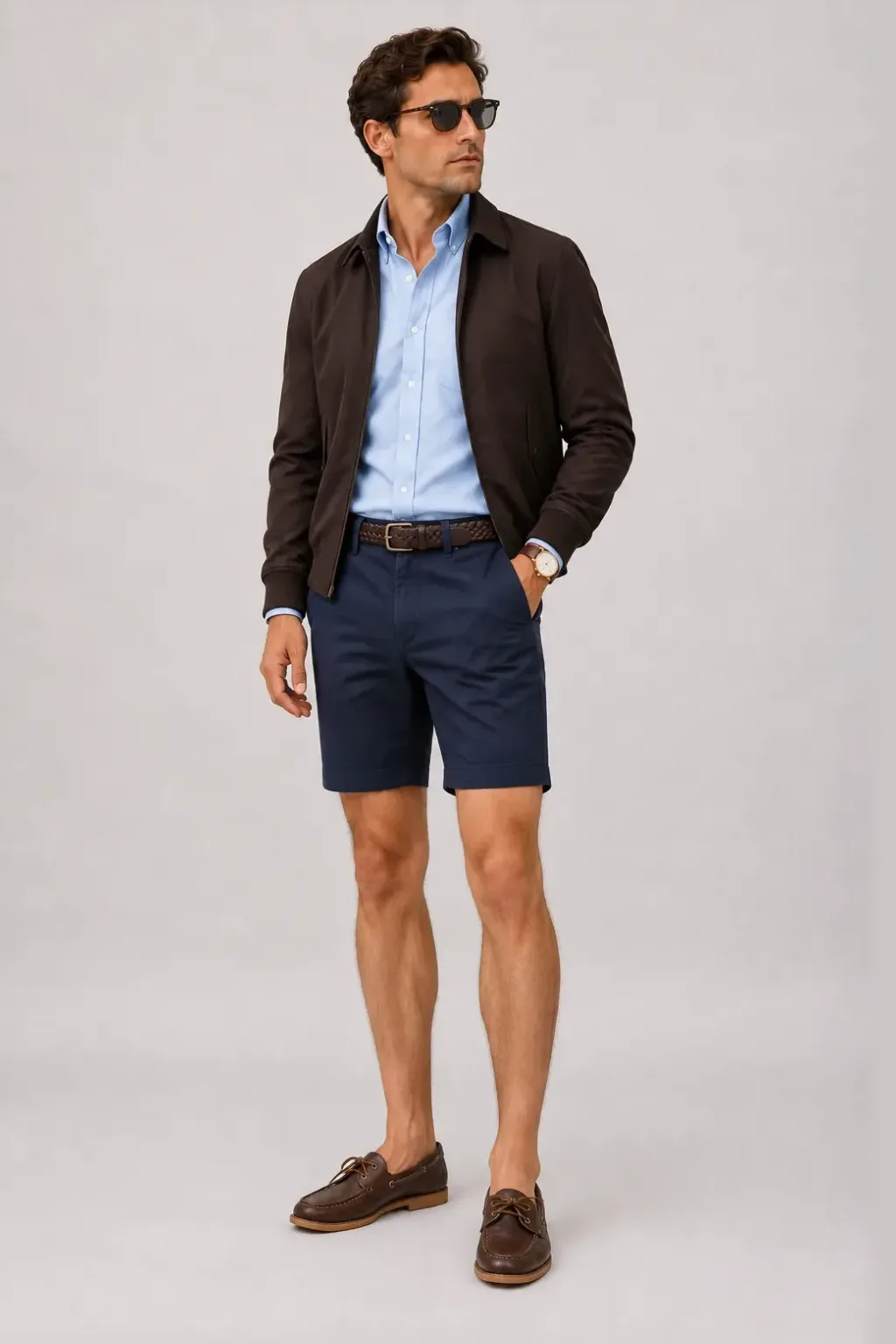 Harrington Blouson Dunkelbraun über Button-Down-Hemd, dazu Chino-Shorts Navy und Horsebit Loafer
