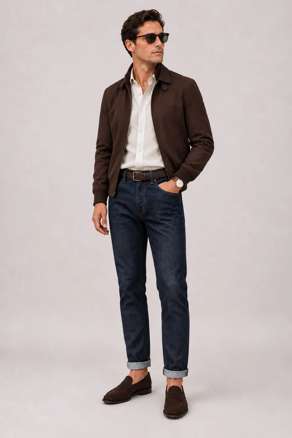 Harrington Blouson Dunkelbraun über Leinenhemd, dazu Jeans Navy und Penny Loafer Wildleder