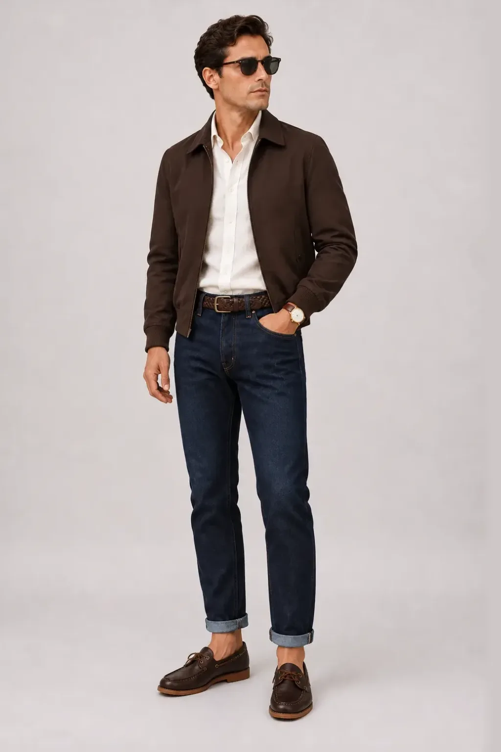 Harrington Blouson Dunkelbraun über Leinenhemd, dazu Jeans Navy und Penny Loafer Wildleder — Bootsschuh Dunkelbraun