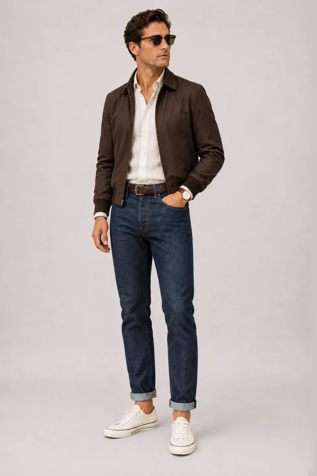 Harrington Blouson Dunkelbraun über Leinenhemd, dazu Jeans Navy und Penny Loafer Wildleder — Canvas Sneaker Off-White