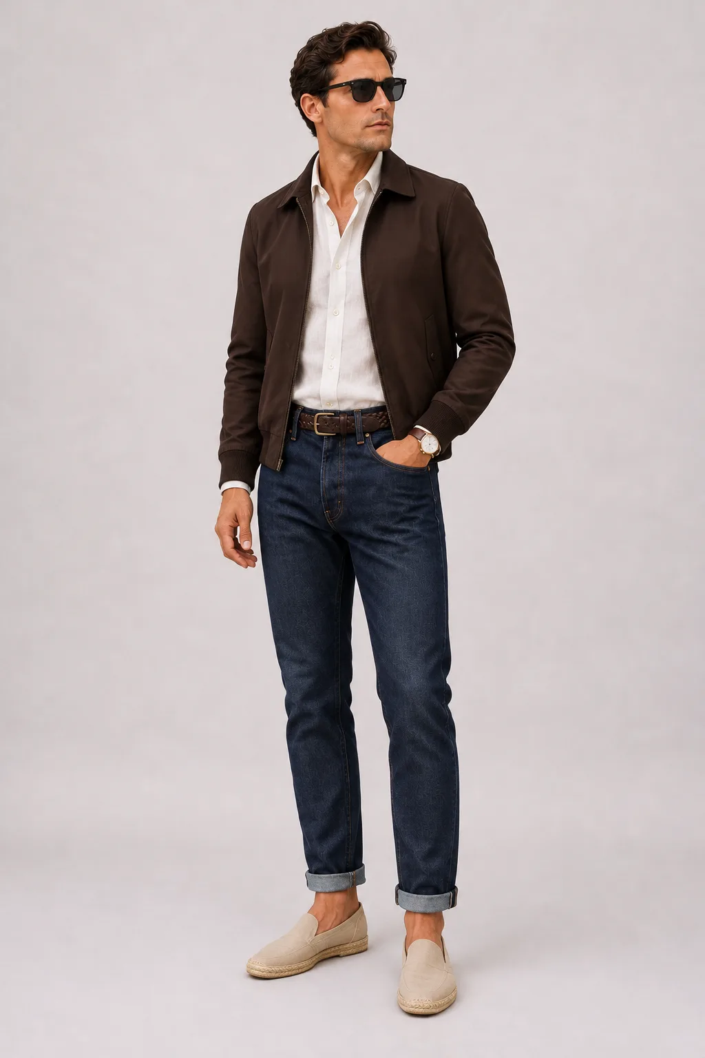Harrington Blouson Dunkelbraun über Leinenhemd, dazu Jeans Navy und Penny Loafer Wildleder — Espadrille Beige