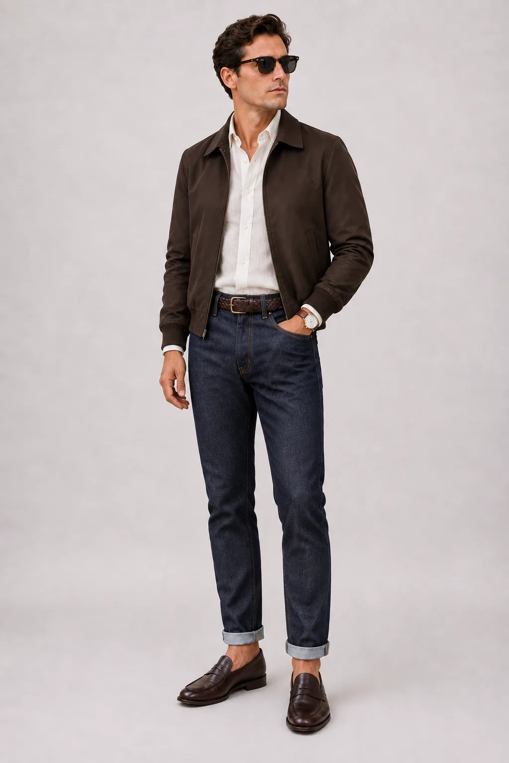 Harrington Blouson Dunkelbraun über Leinenhemd, dazu Jeans Navy und Penny Loafer Wildleder — Penny Loafer Dunkelbraun