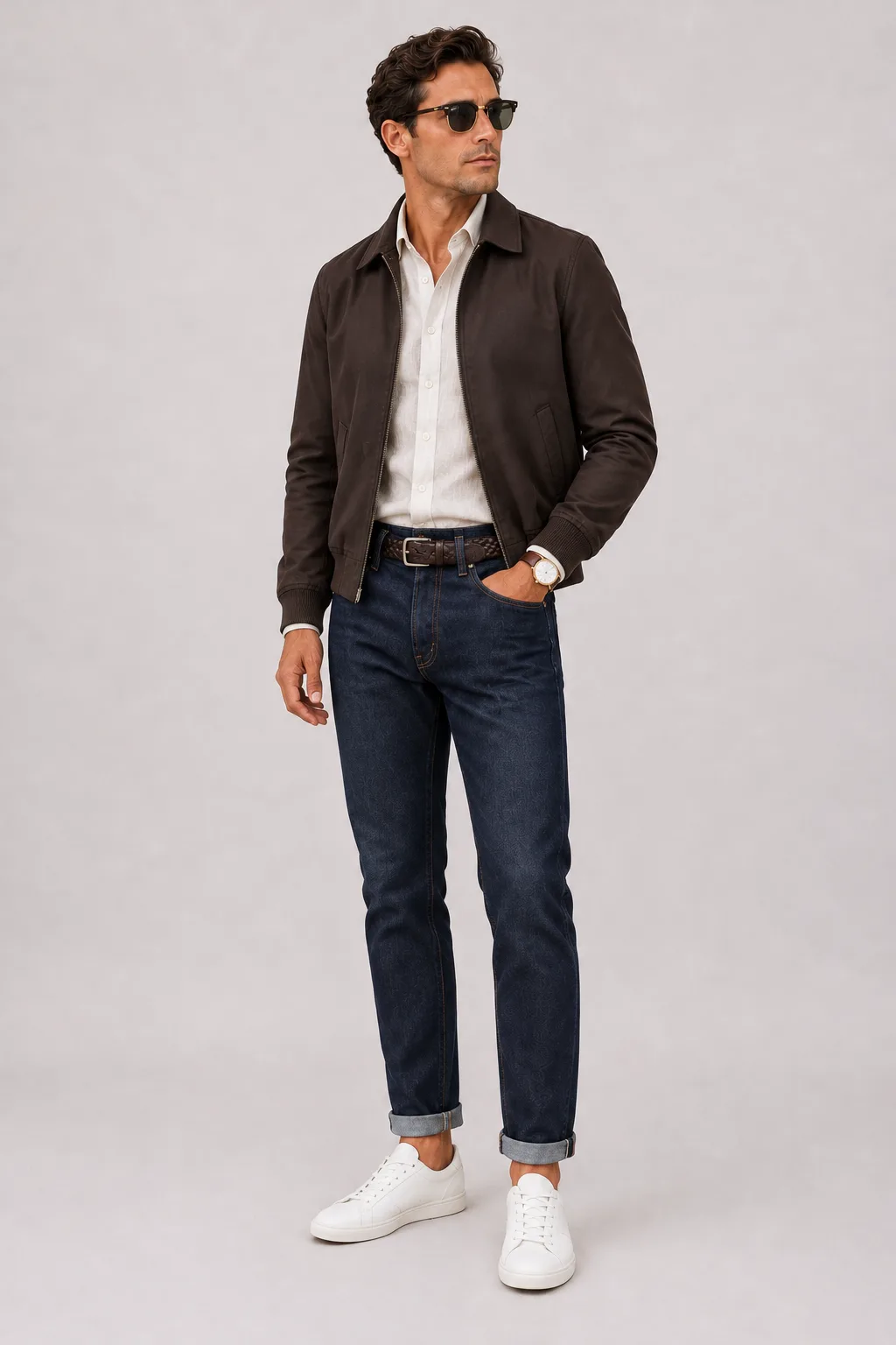 Harrington Blouson Dunkelbraun über Leinenhemd, dazu Jeans Navy und Penny Loafer Wildleder