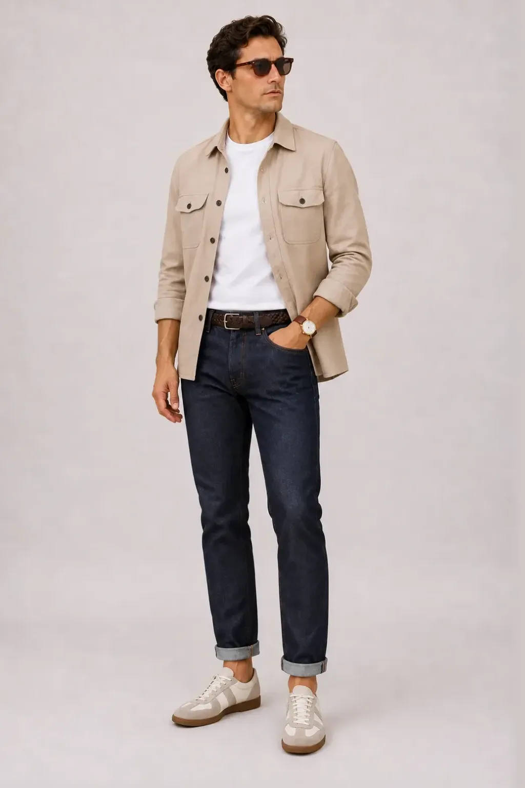 Overshirt Beige über T-Shirt, dazu Jeans Navy und GAT (Turnschuh)