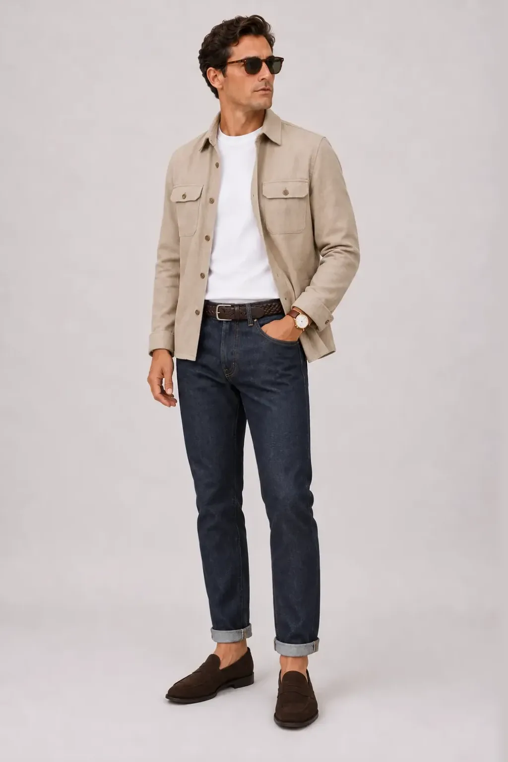 Overshirt Beige über T-Shirt, dazu Jeans Navy und GAT (Turnschuh)