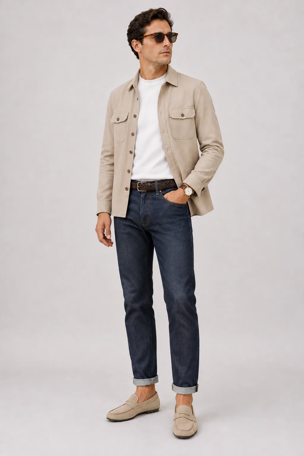 Overshirt Beige über T-Shirt, dazu Jeans Navy und GAT (Turnschuh) — Mokassin Beige