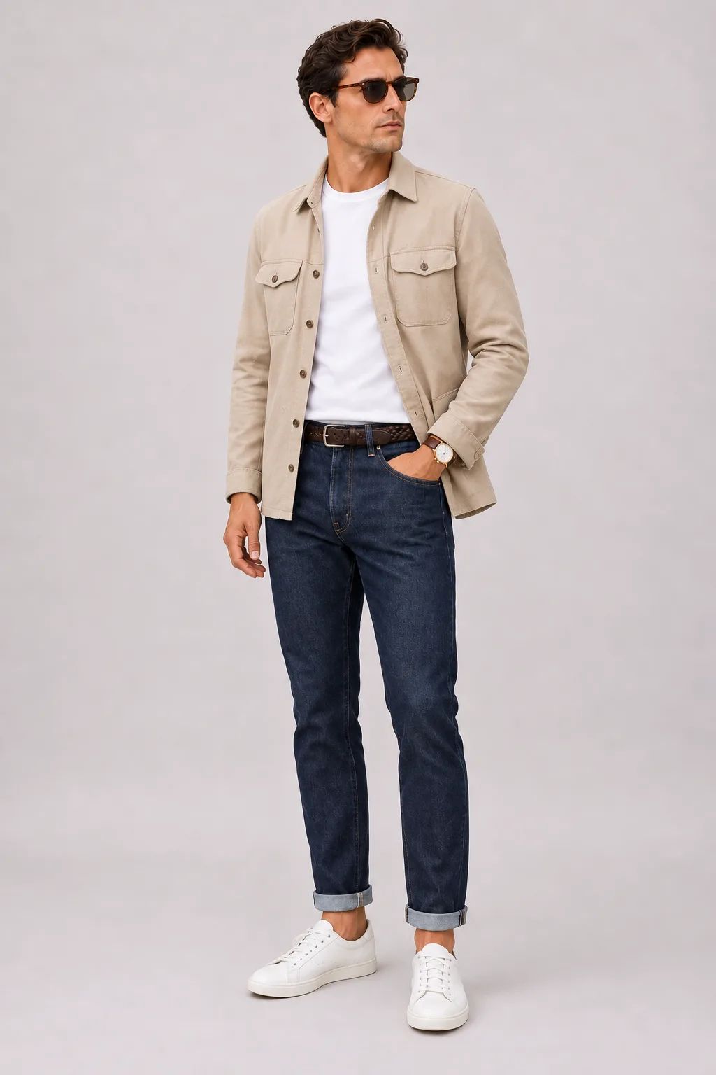 Overshirt Beige über T-Shirt, dazu Jeans Navy und GAT (Turnschuh) — Sneaker Weiss