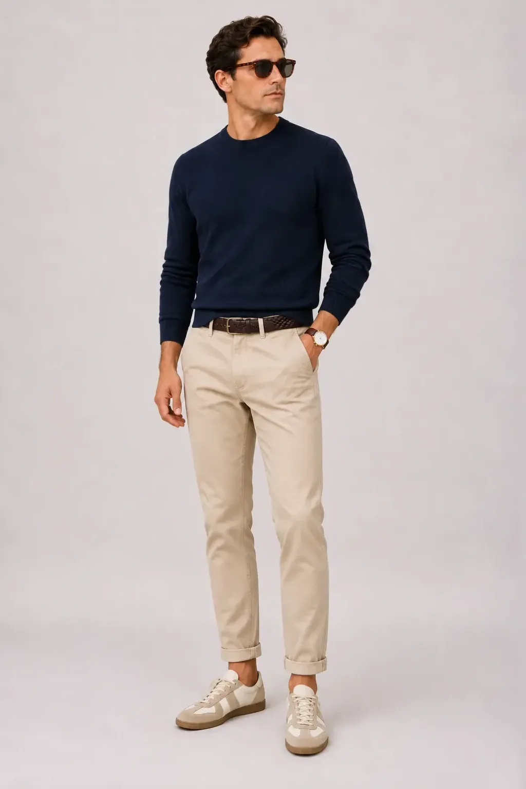 Crewneck-Pullover Feinstrick Navy, dazu Chino Beige und GAT (Turnschuh)