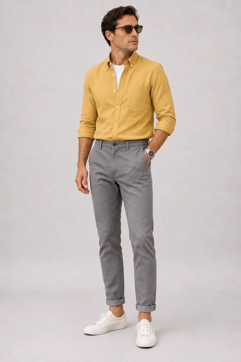 Button-Down-Hemd Senfgelb über T-Shirt, dazu Chino Mittelgrau und Canvas Sneaker