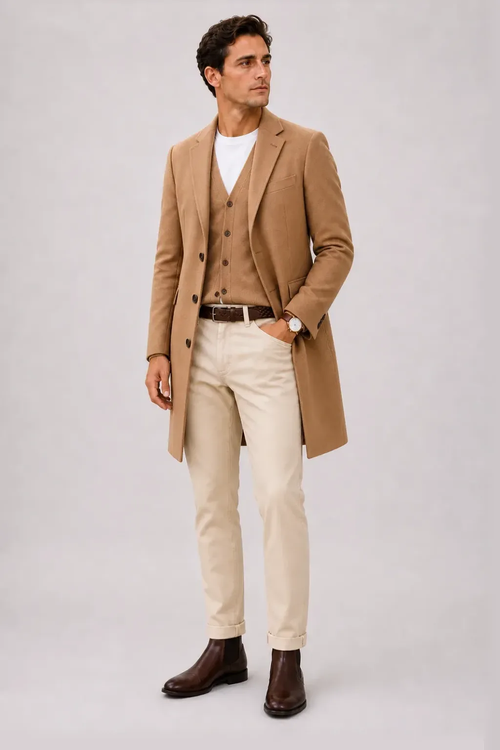 Langer Mantel Camel über Crewneck-Pullover Feinstrick Schokobraun und Button-Down-Hemd Weiss, dazu Chino Creme und Chelsea Boot — Cardigan Camel