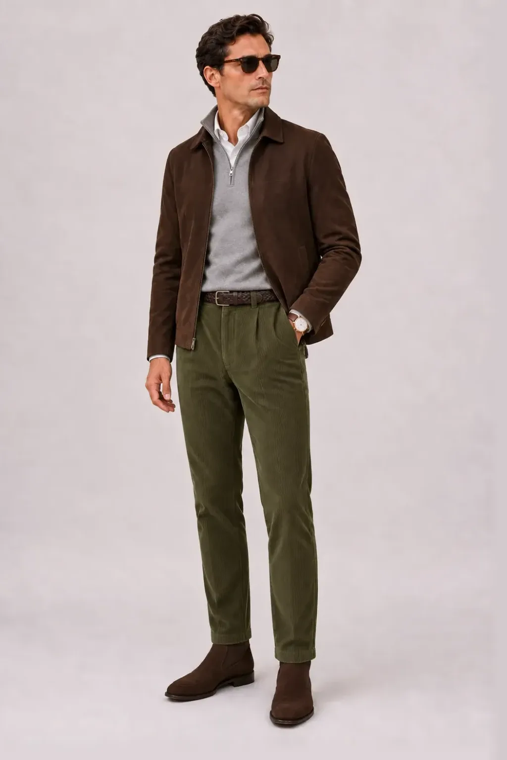 Wildlederjacke Schokobraun über Rollkragenpullover, dazu Cordhose Oliv und Chelsea Boot Wildleder — Half-Zip Pullover Feinstrick Hellgrau